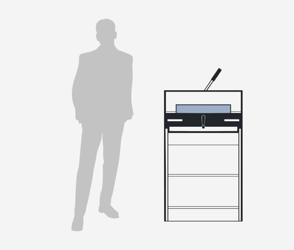 Dimensions et environnement de travail du massicot électrique IDEAL 4315 (Posé sur un meuble)