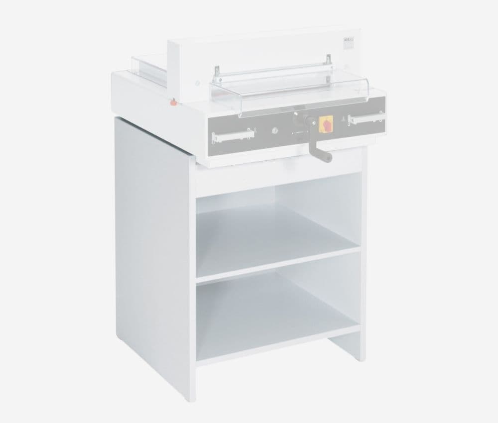 Grâce à son meuble support, le massicot électrique 4350 IDEAL bénéficie d'une hauteur de travail confortable et d'un espace de stockage pour les accessoires de coupe.